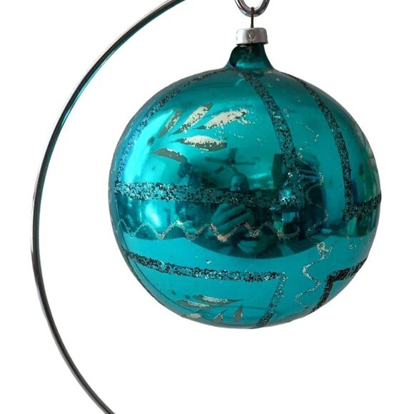 Mercury Glass Ball Ornament Blue West Germany LARGE Handblown 925 Silver Glitter - Picture 7 of 14